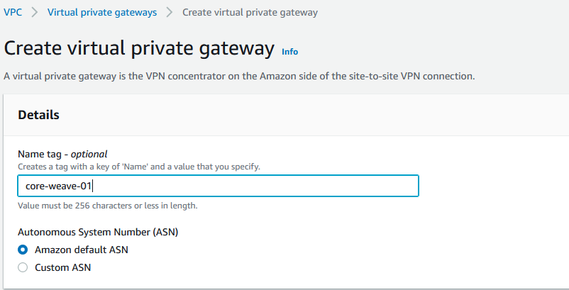 The virtual private gateway creation screen.
